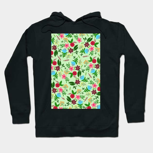 Red, pink, blue and maroon flower pattern with mint color background Hoodie by SanMade